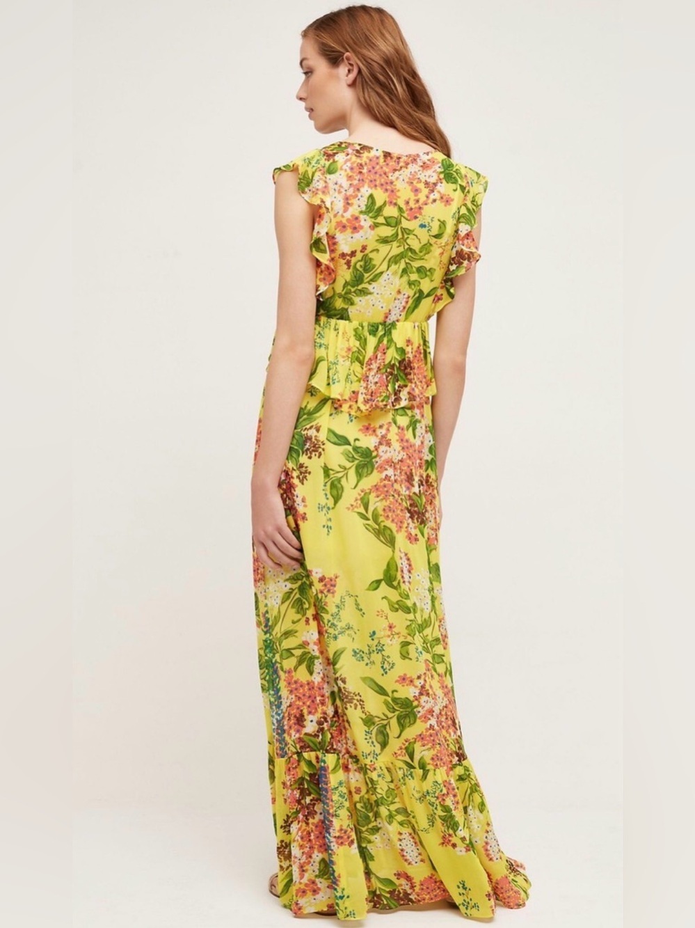 Anthropologie Tracey Reese Silk Sheer Yellow Floral Maxi Dress Women’s size S